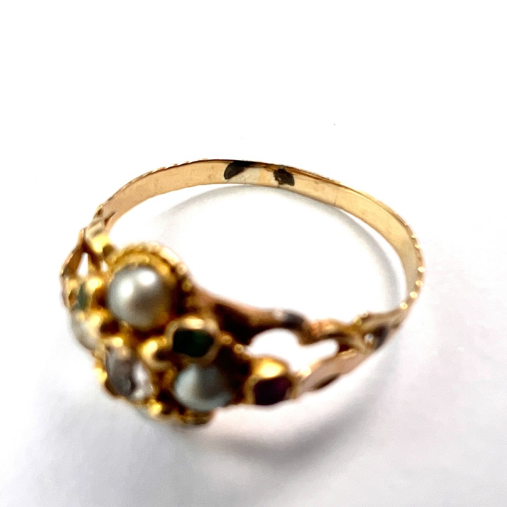 Georgian Pearl, Ruby, Emerald Gold Locket Ring View IX