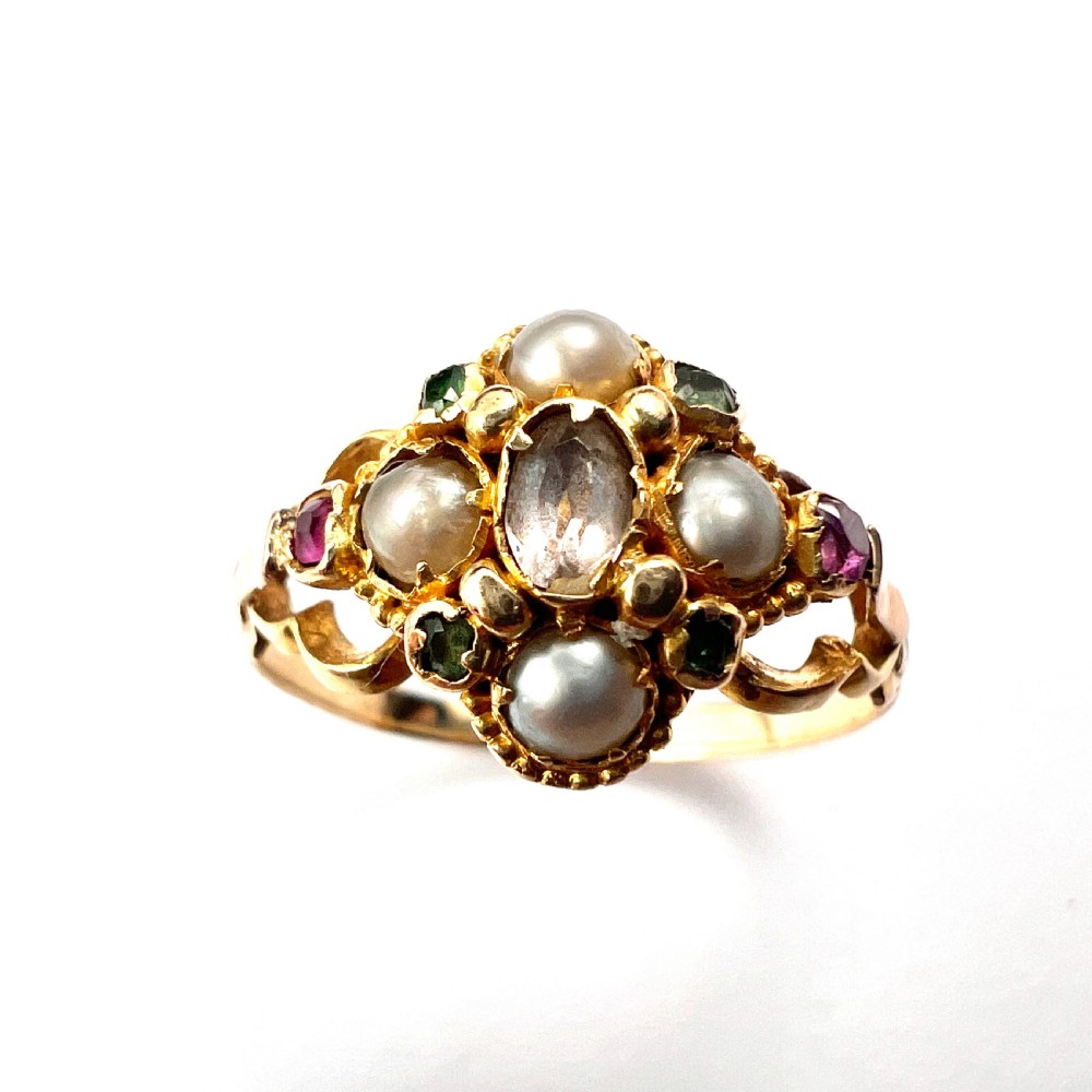 Georgian Pearl, Ruby, Emerald Gold Locket Ring View XI