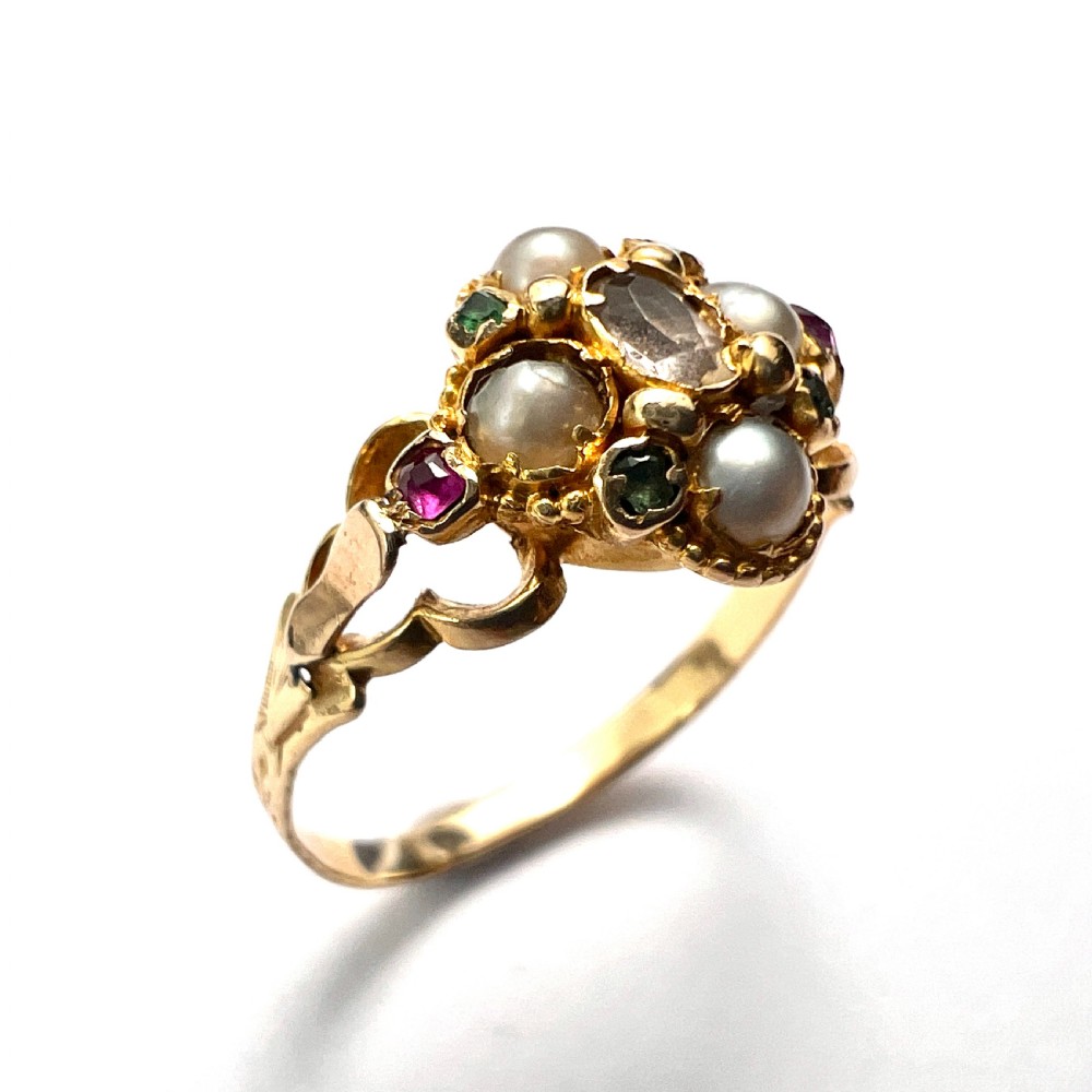 Georgian Pearl, Ruby, Emerald Gold Locket Ring View XII
