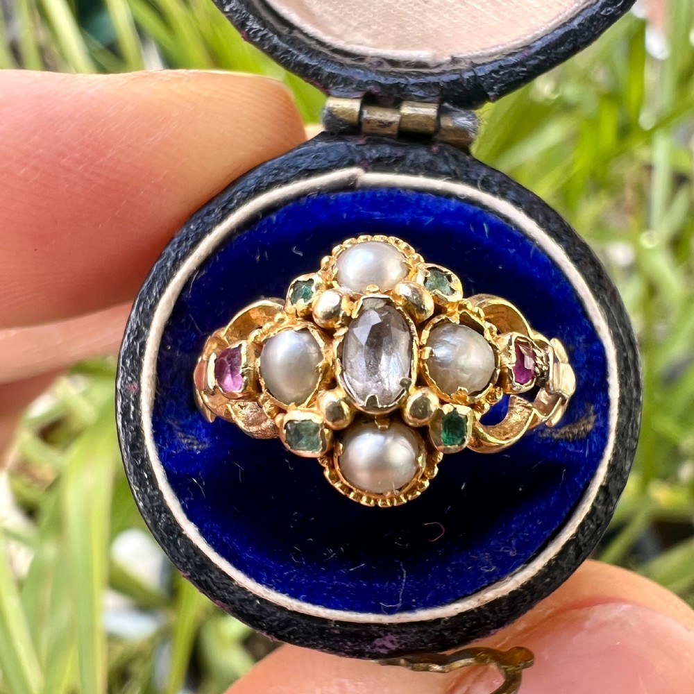 Georgian Pearl, Ruby, Emerald Gold Locket Ring View XIII