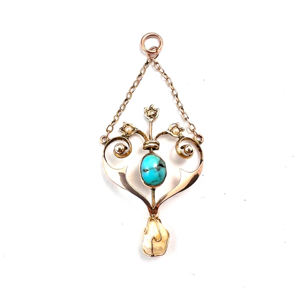 Edwardian Turquoise Pearl Gold Chain Pendant Necklace
