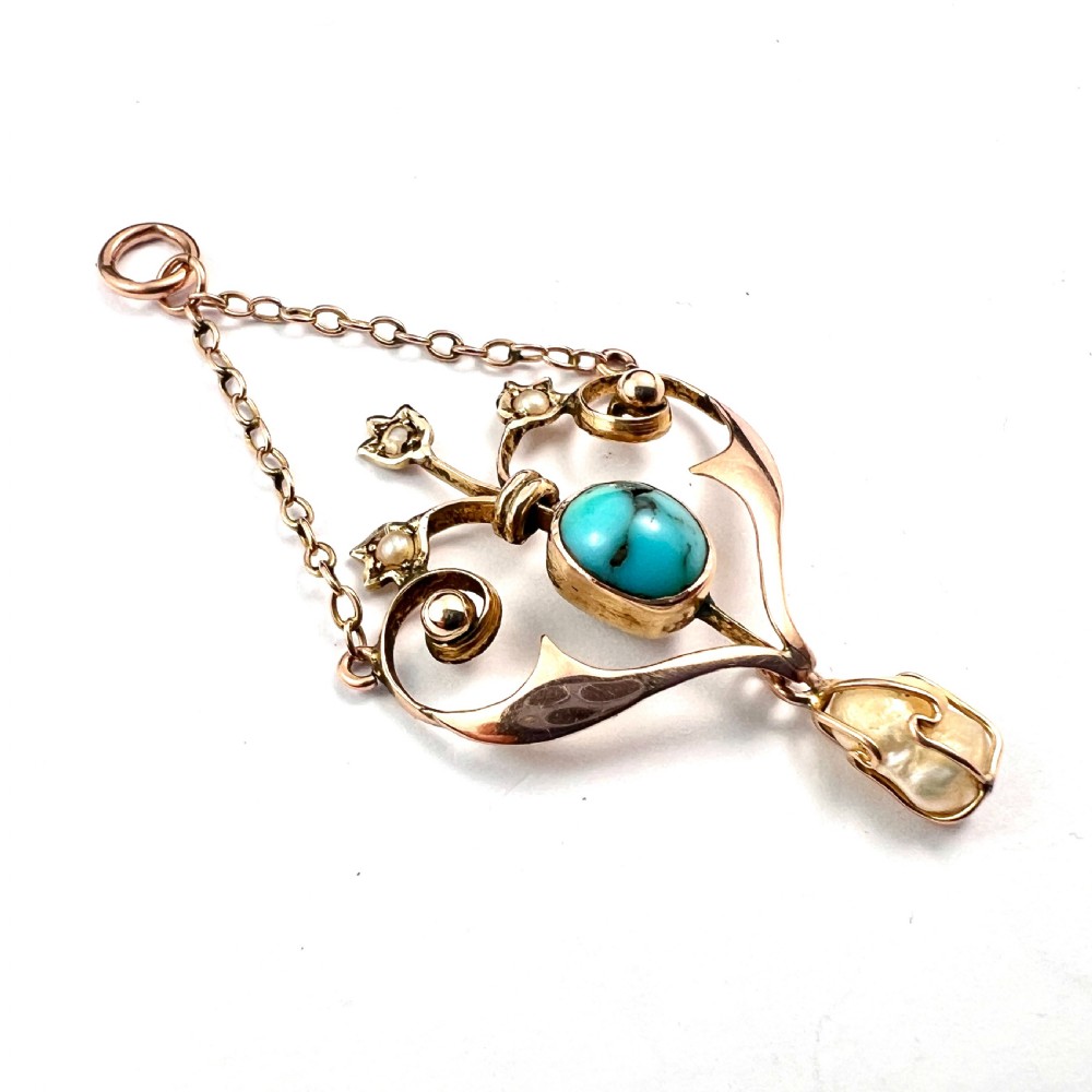 Edwardian Turquoise Pearl Gold Chain Pendant Necklace View II