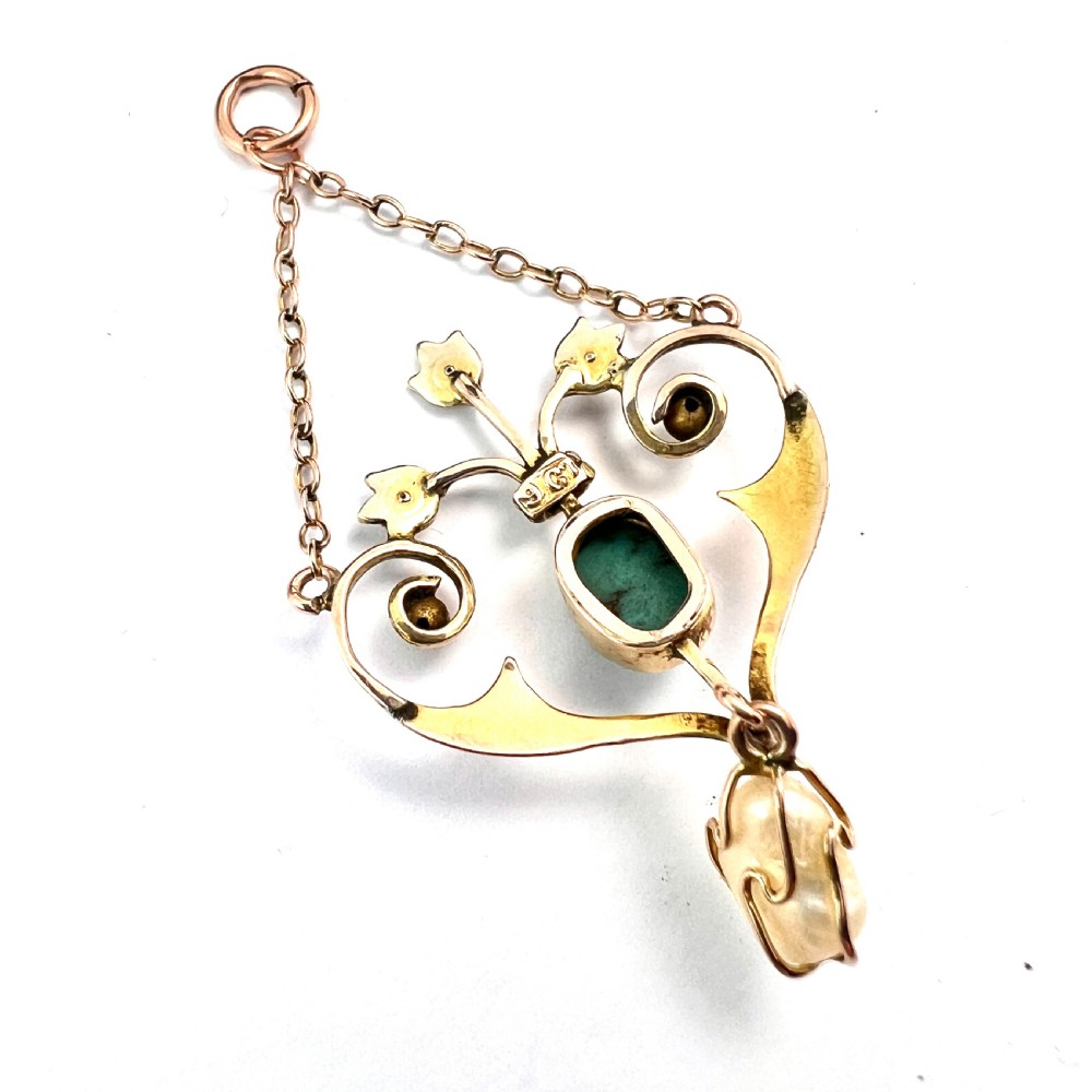 Edwardian Turquoise Pearl Gold Chain Pendant Necklace View III