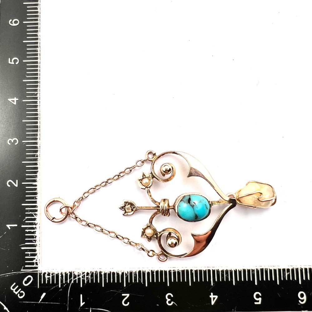 Edwardian Turquoise Pearl Gold Chain Pendant Necklace View V