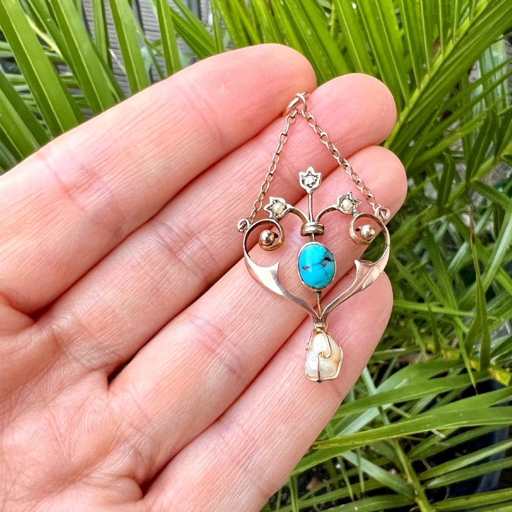 Edwardian Turquoise Pearl Gold Chain Pendant Necklace View VI