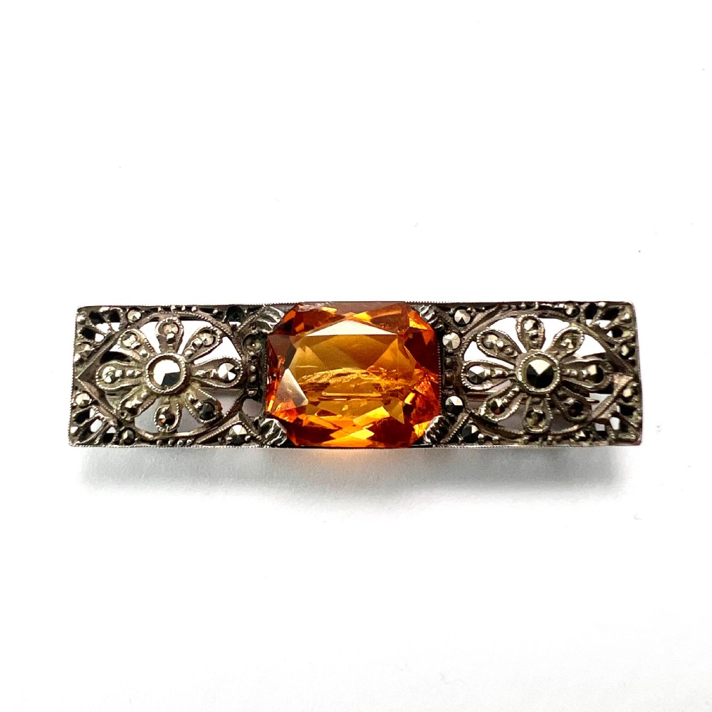 Edwardian Silver Citrine Marcasite Brooch View II