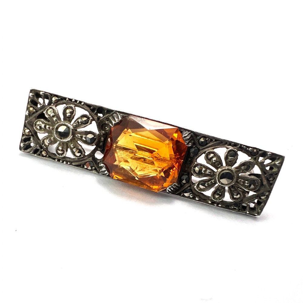 Edwardian Silver Citrine Marcasite Brooch View III