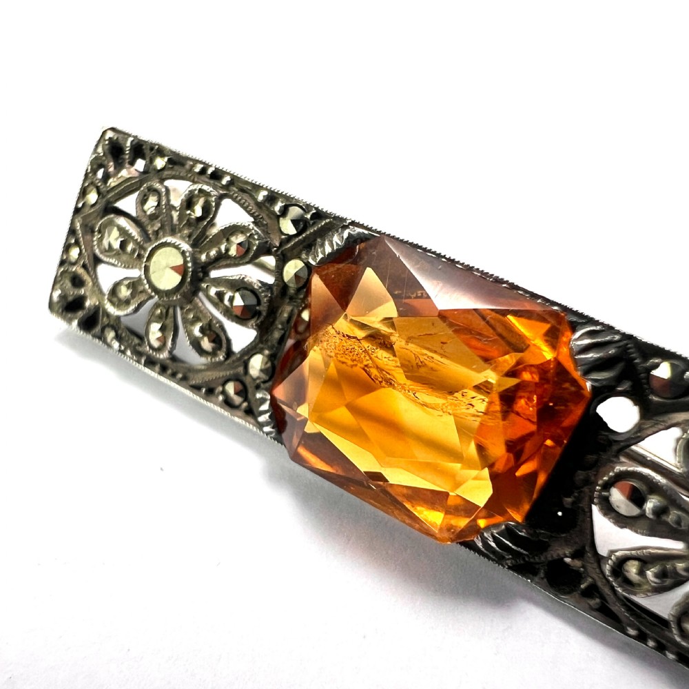 Edwardian Silver Citrine Marcasite Brooch View VII