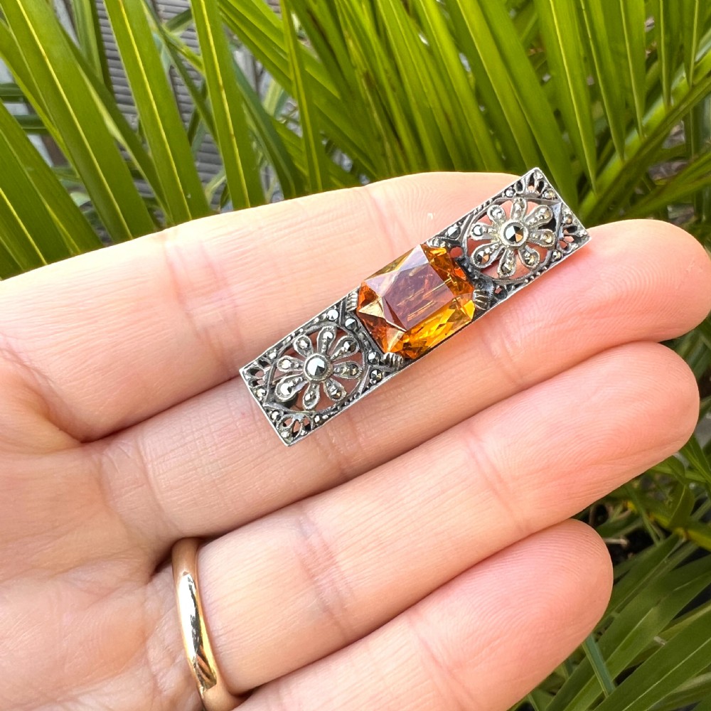 Edwardian Silver Citrine Marcasite Brooch View VIII