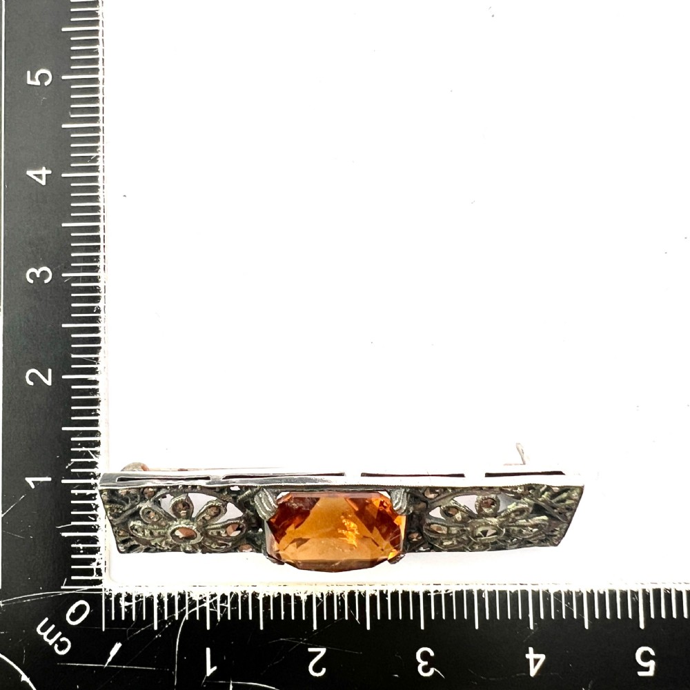 Edwardian Silver Citrine Marcasite Brooch View IX