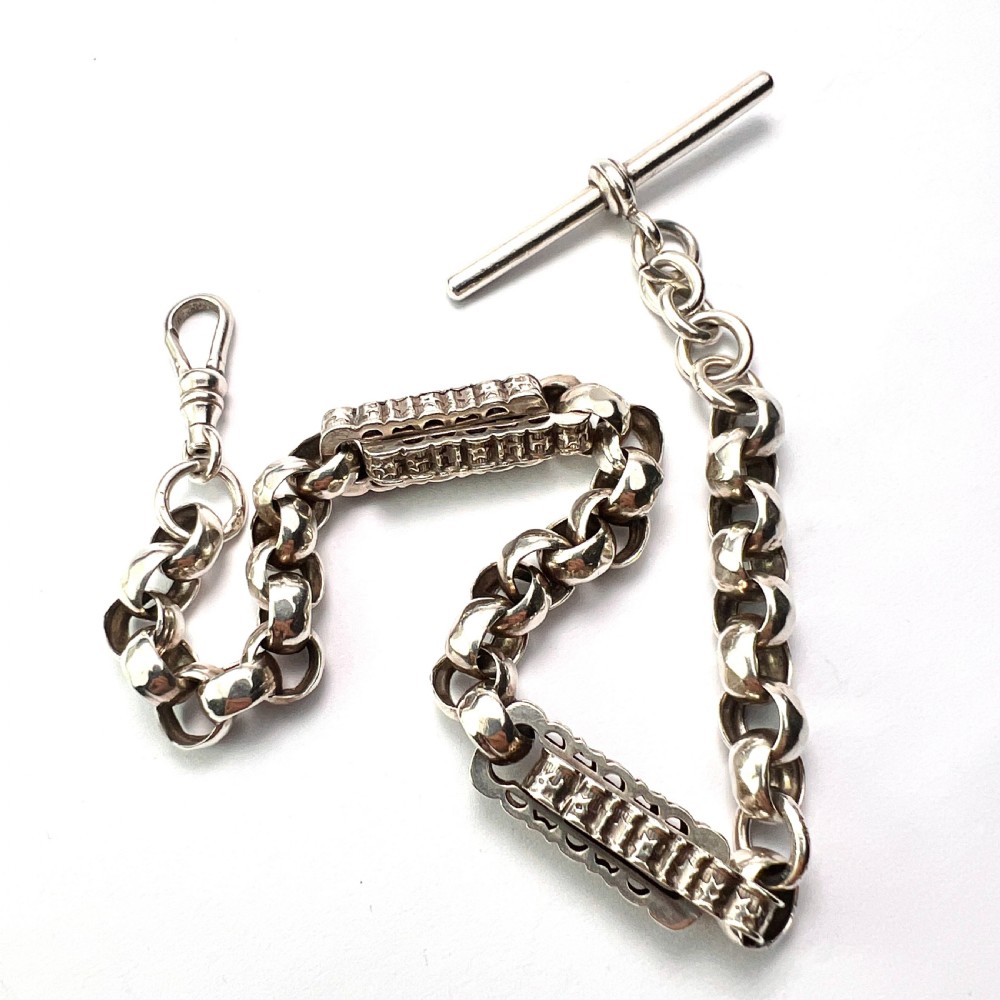 Antique Silver Watch Chain Bracelet with Albert Dog Clip and T Bar View II