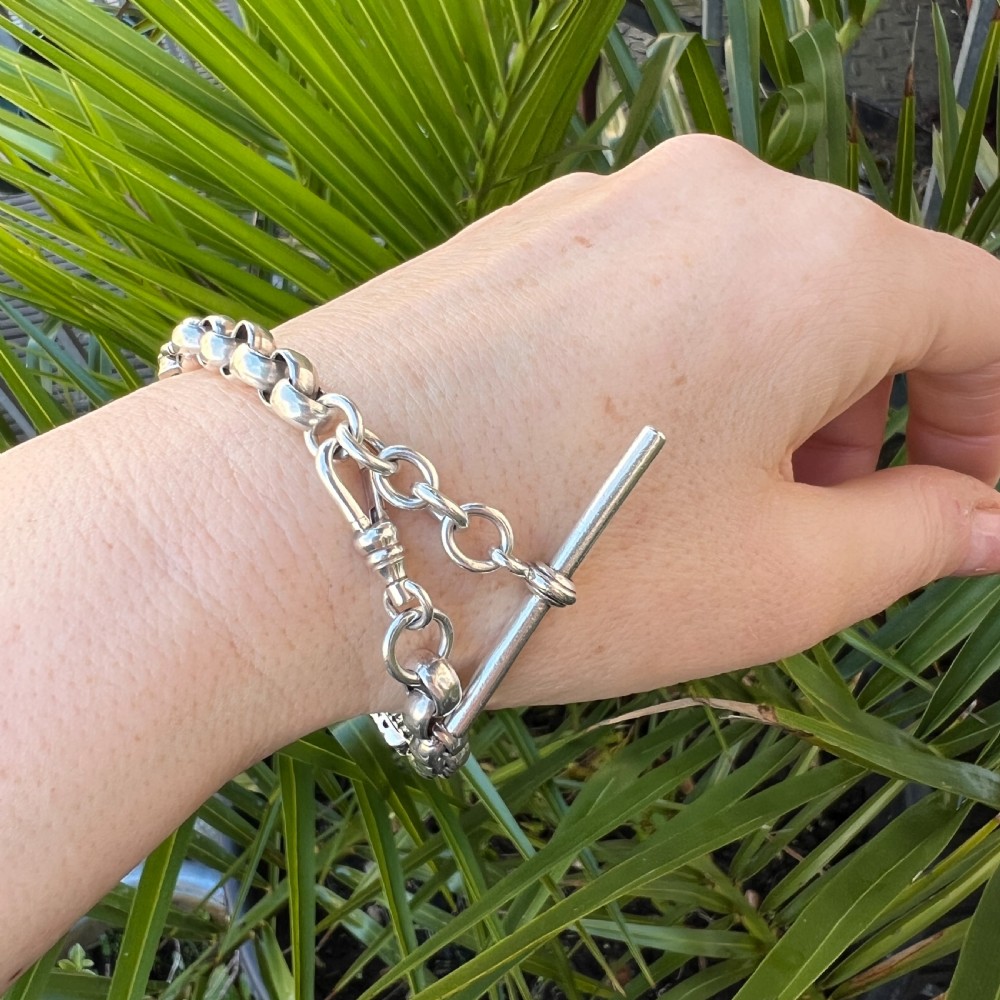 Antique Silver Watch Chain Bracelet with Albert Dog Clip and T Bar View VI