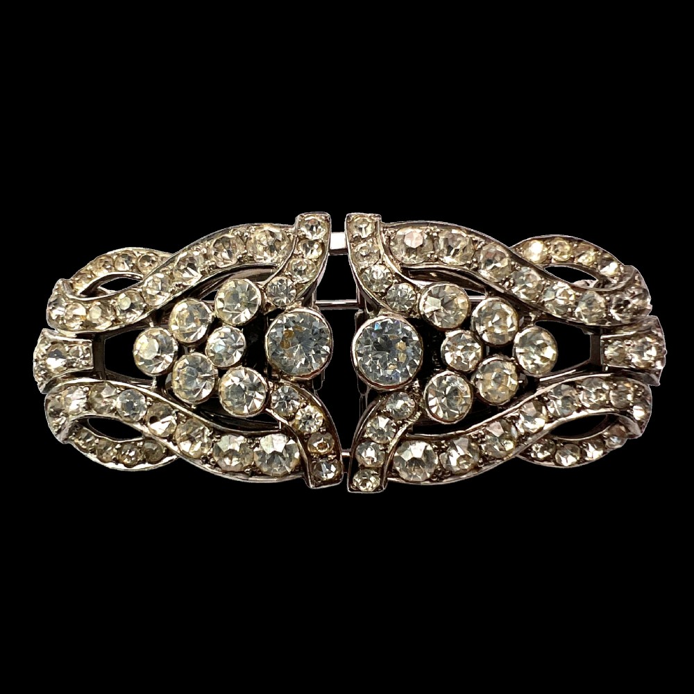 Art Deco Silver Diamond Paste Duette Clip Brooch by CIRO