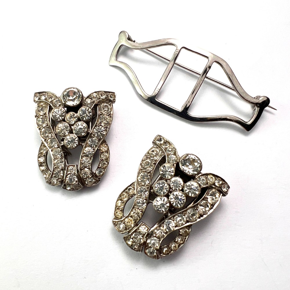 Art Deco Silver Diamond Paste Duette Clip Brooch by CIRO View IV
