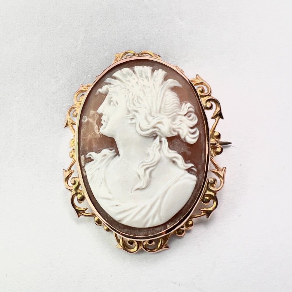 An oval Victorian 9ct gold brooch featuring a white carved shell cameo of a classical female profile set within an ornate openwork scroll frame with an attached safety pin. View II