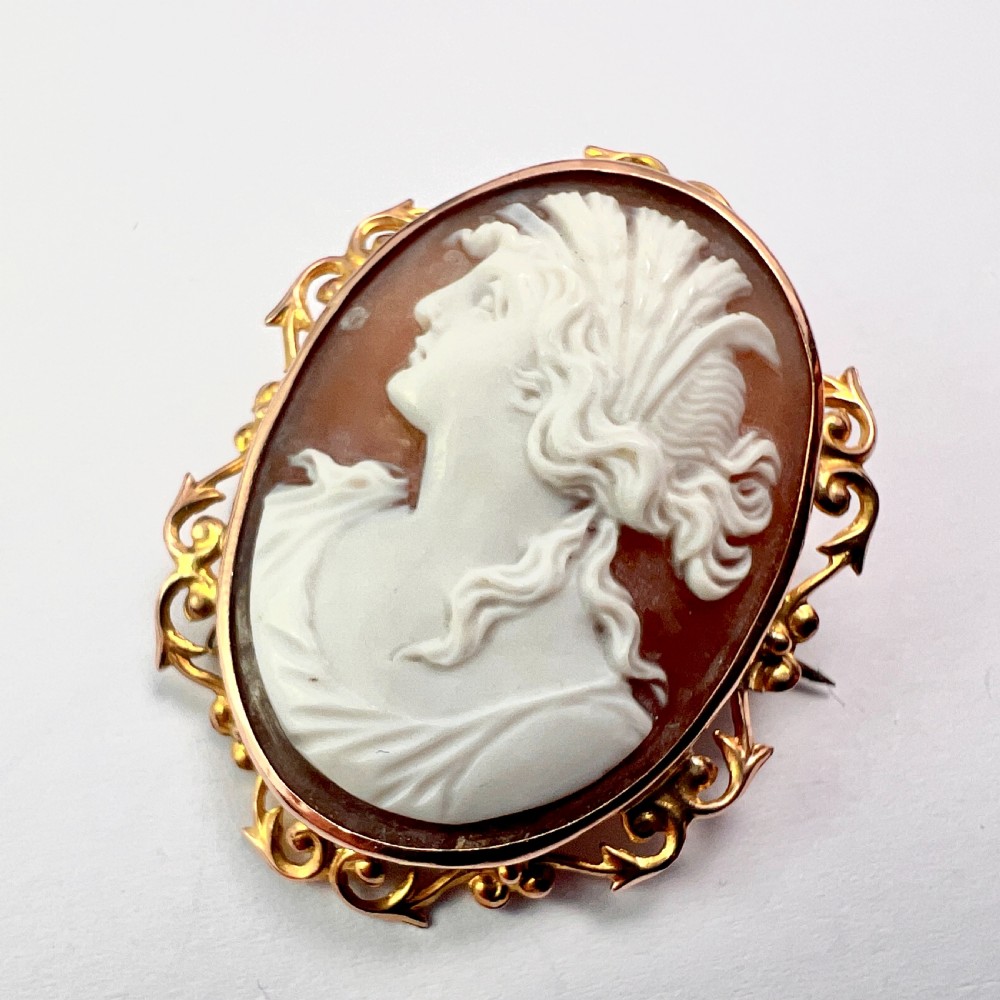 An oval Victorian 9ct gold brooch featuring a white carved shell cameo of a classical female profile set within an ornate openwork scroll frame with an attached safety pin. View III