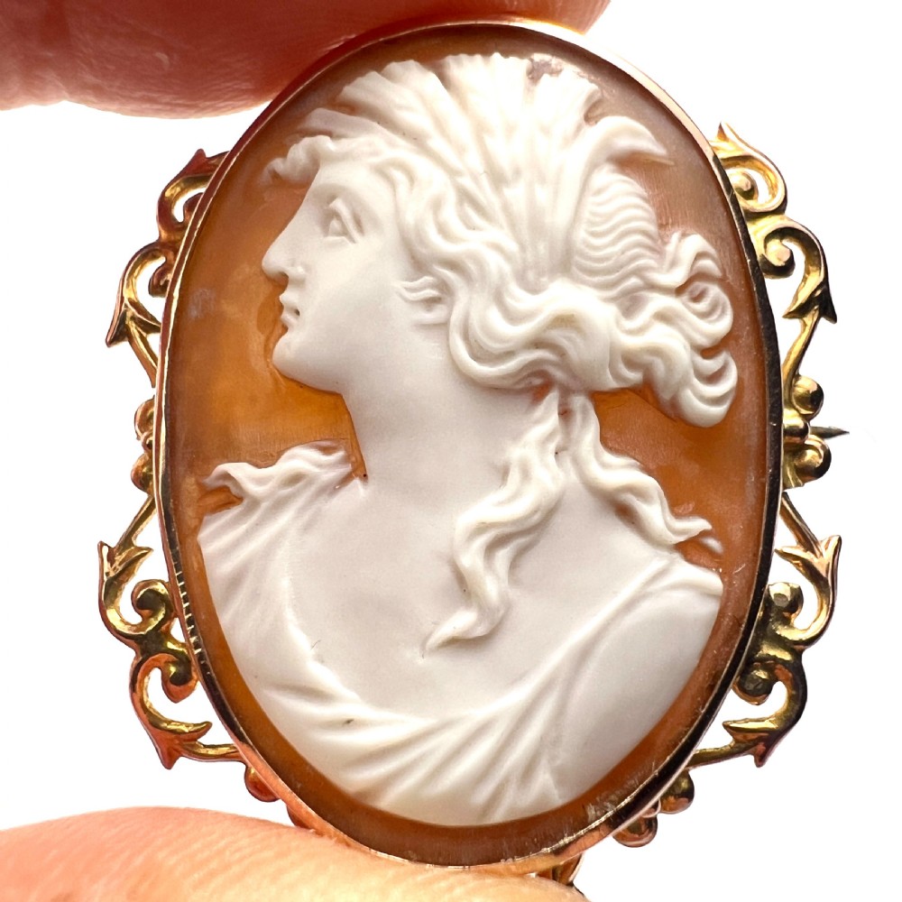 An oval Victorian 9ct gold brooch featuring a white carved shell cameo of a classical female profile set within an ornate openwork scroll frame with an attached safety pin. View IV