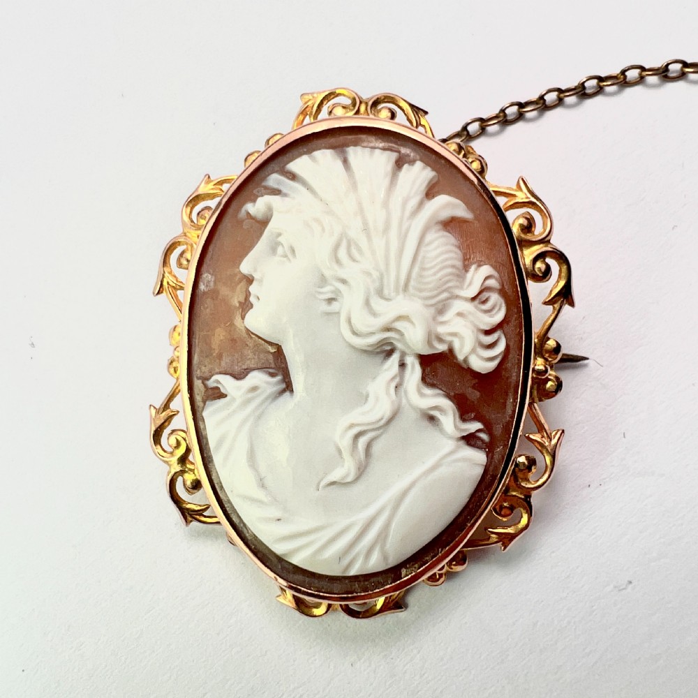 An oval Victorian 9ct gold brooch featuring a white carved shell cameo of a classical female profile set within an ornate openwork scroll frame with an attached safety pin. View VII