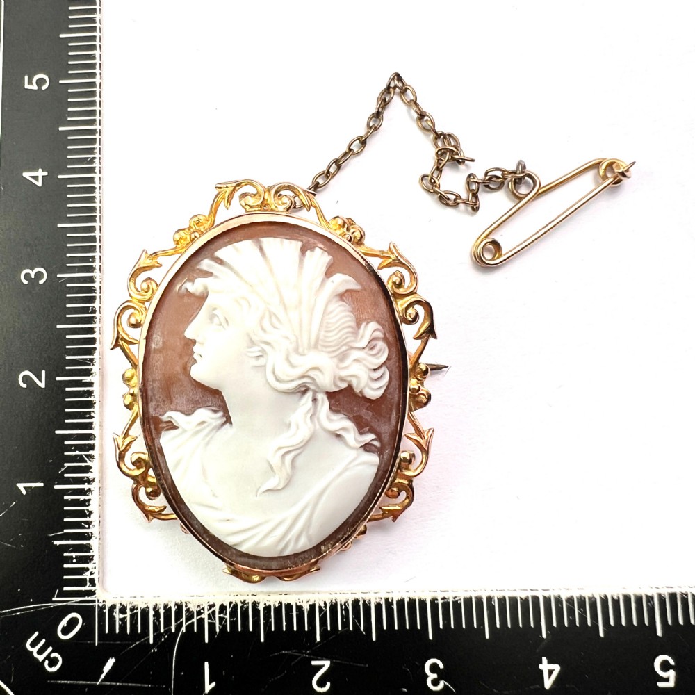 An oval Victorian 9ct gold brooch featuring a white carved shell cameo of a classical female profile set within an ornate openwork scroll frame with an attached safety pin. View X