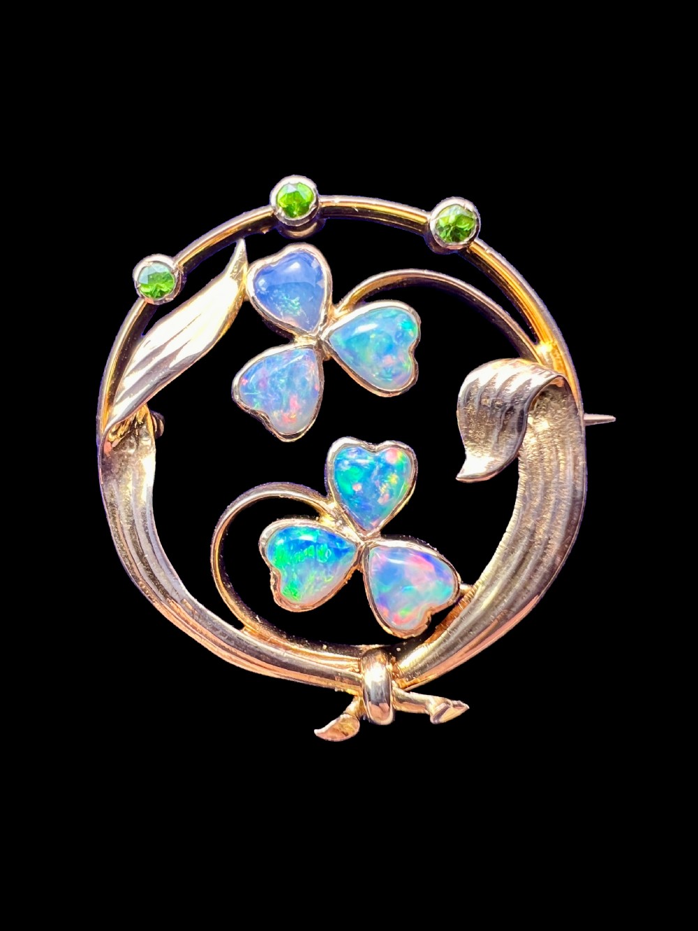 Edwardian Art Nouveau 15CT Gold Opal Demantoid Garnet Brooch