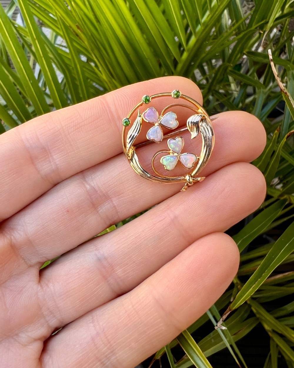 Edwardian Art Nouveau 15CT Gold Opal Demantoid Garnet Brooch View IX