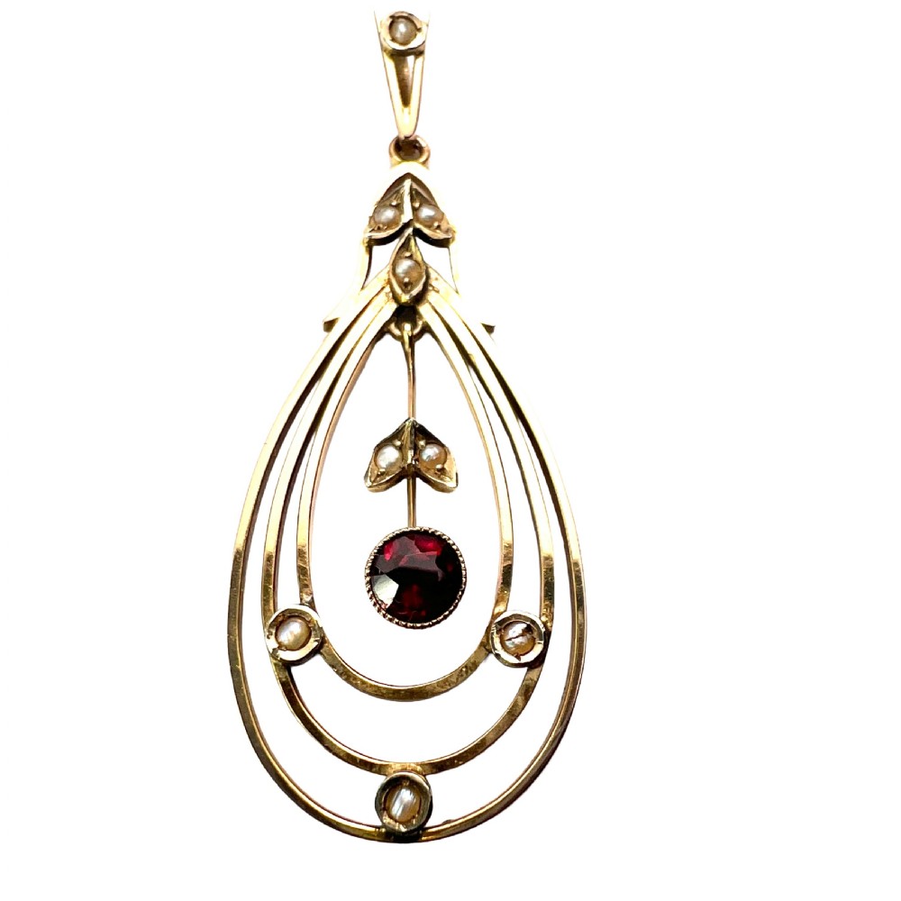 Edwardian 9CT Gold Garnet and Pearl Lavalier Pendant