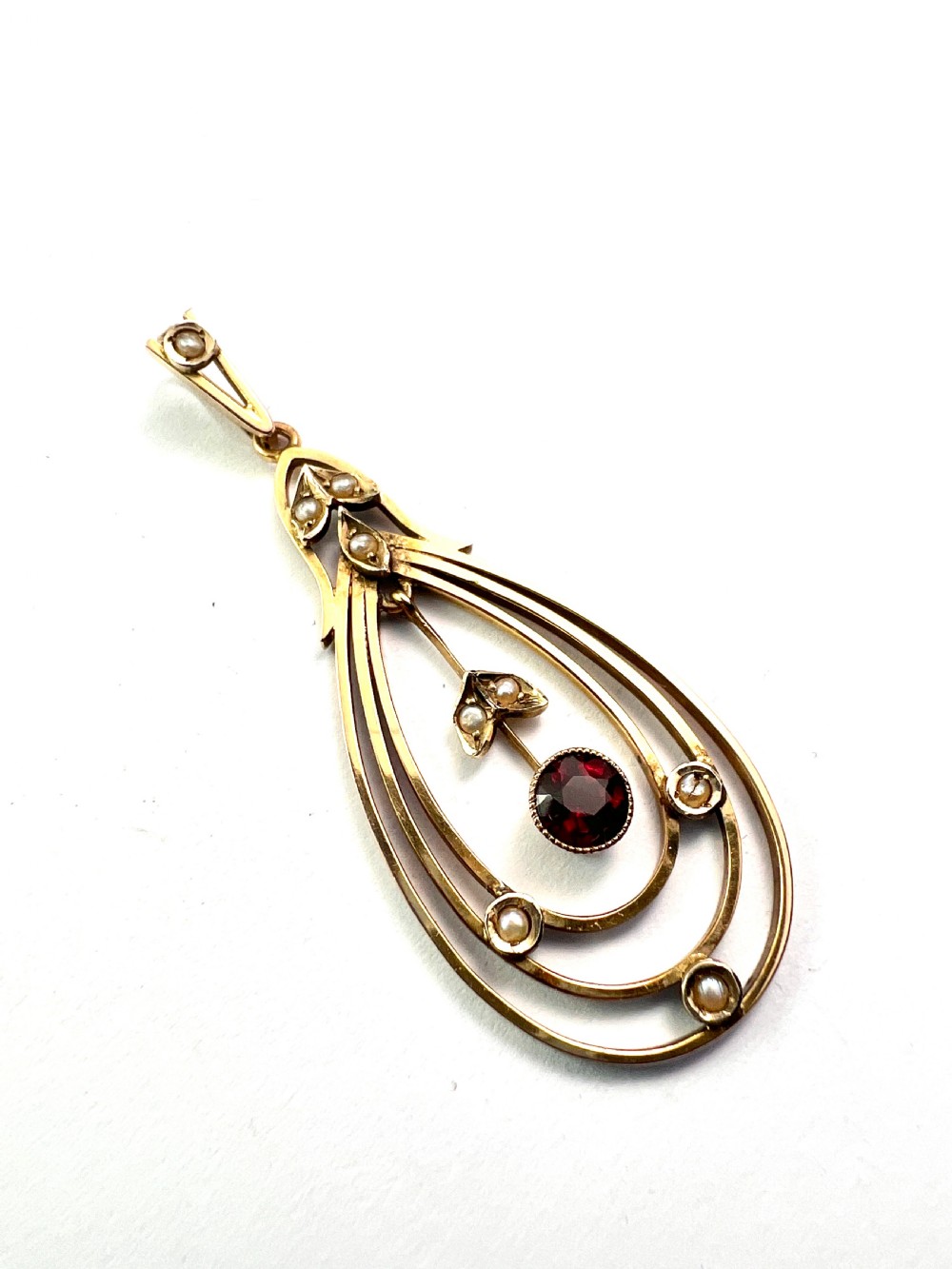 Edwardian 9CT Gold Garnet and Pearl Lavalier Pendant View II