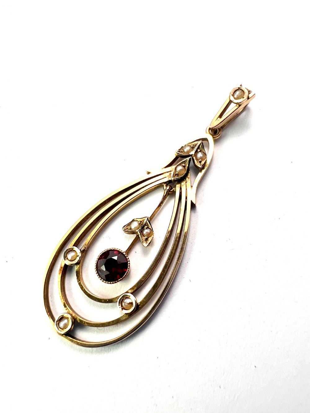 Edwardian 9CT Gold Garnet and Pearl Lavalier Pendant View III