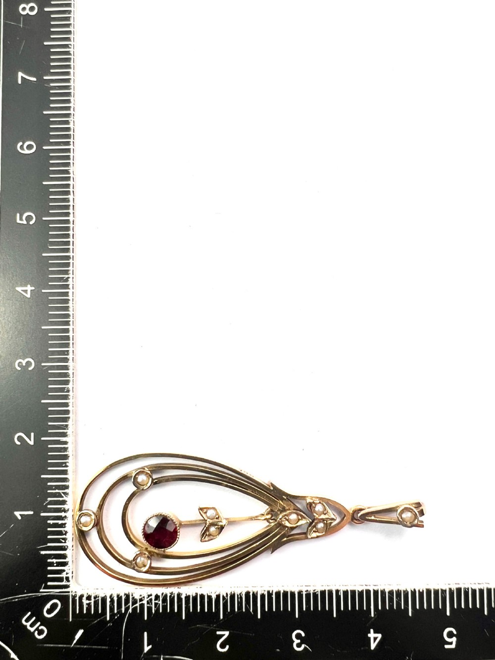 Edwardian 9CT Gold Garnet and Pearl Lavalier Pendant View V