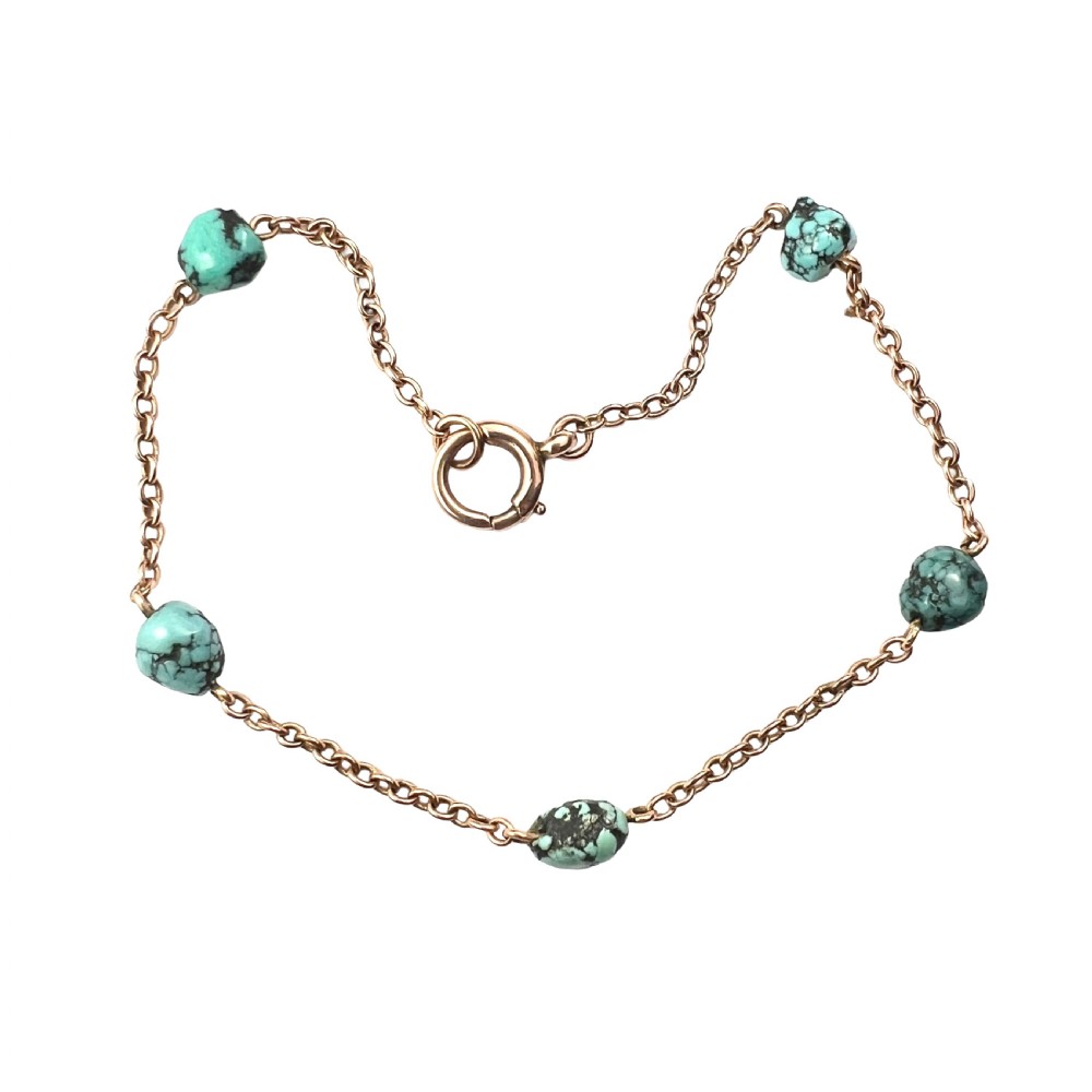 Antique 9CT Gold Turquoise Nugget Chain Bracelet