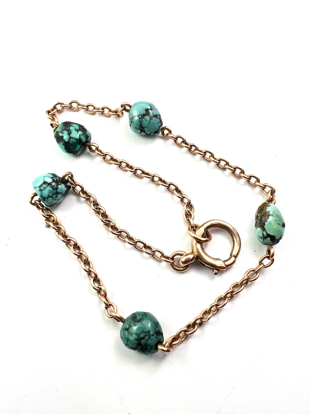 Antique 9CT Gold Turquoise Nugget Chain Bracelet View IV