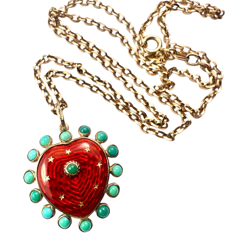 • Vintage Turquoise Enamel Heart and Stars Gold Pendant with Chain
