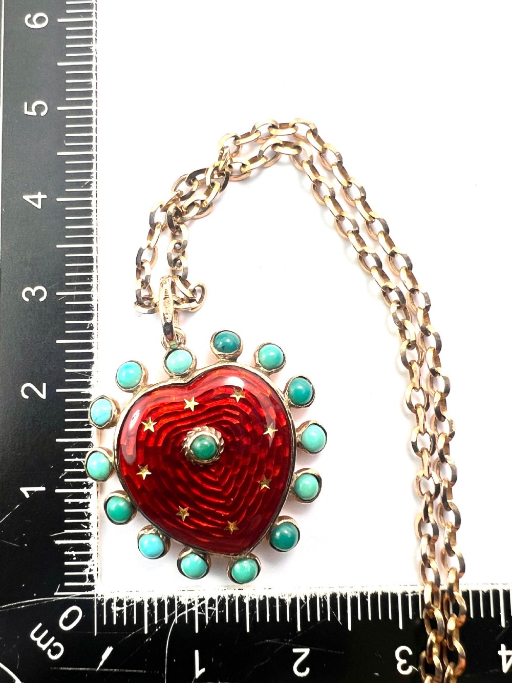 • Vintage Turquoise Enamel Heart and Stars Gold Pendant with Chain View IV