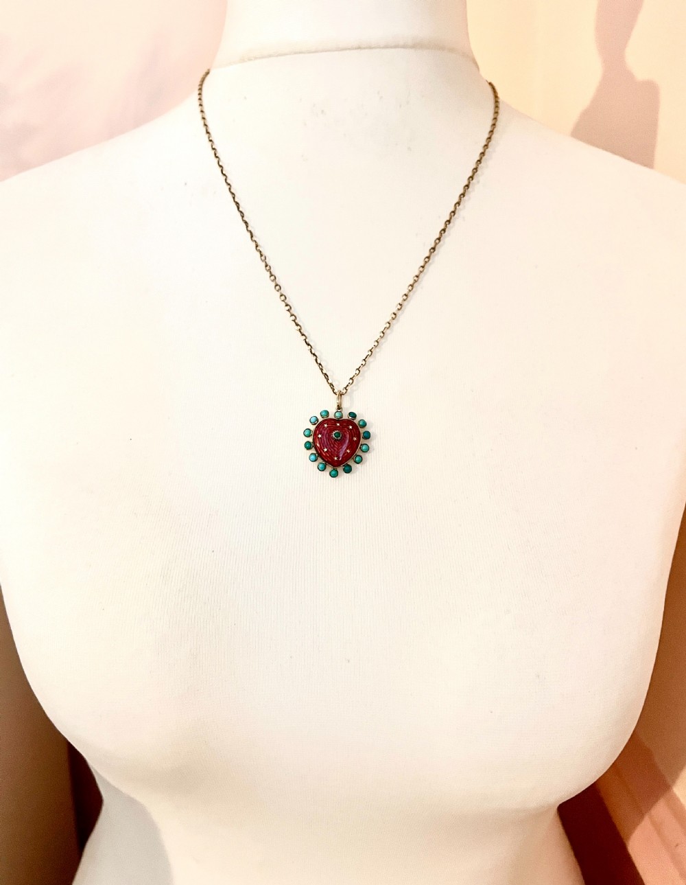 • Vintage Turquoise Enamel Heart and Stars Gold Pendant with Chain View V