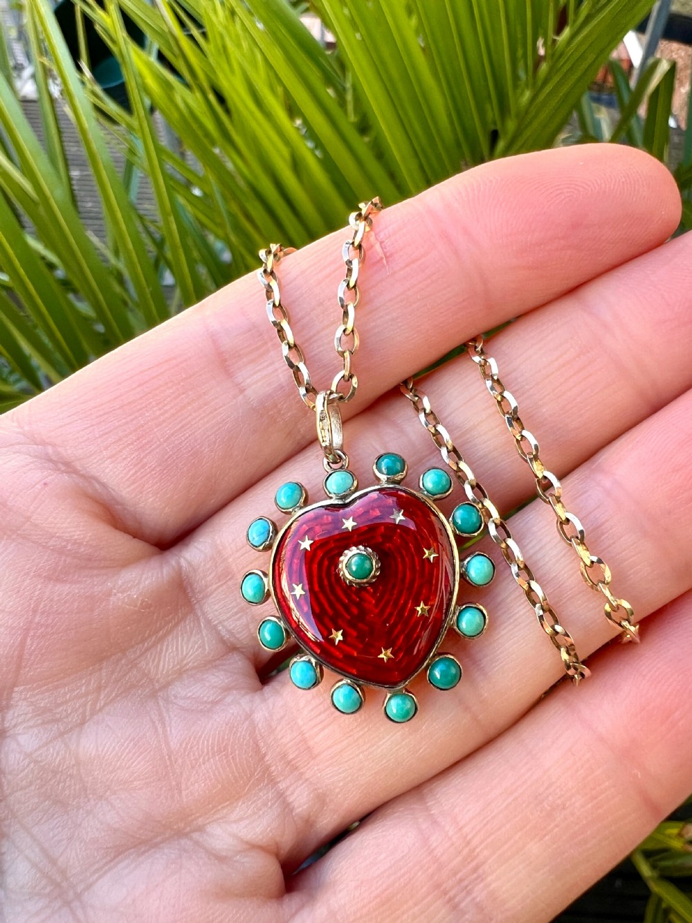 • Vintage Turquoise Enamel Heart and Stars Gold Pendant with Chain View VI