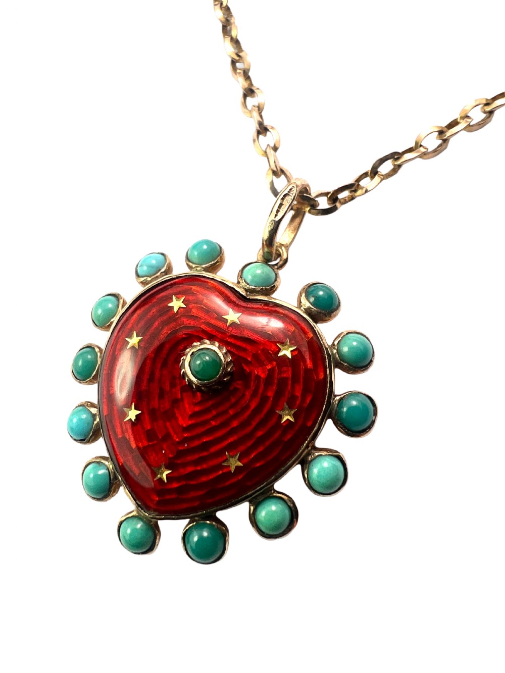 • Vintage Turquoise Enamel Heart and Stars Gold Pendant with Chain View VII