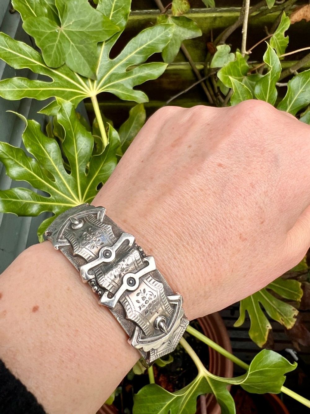 Victorian Sterling Silver Belt Buckle Cuff Bangle View XII