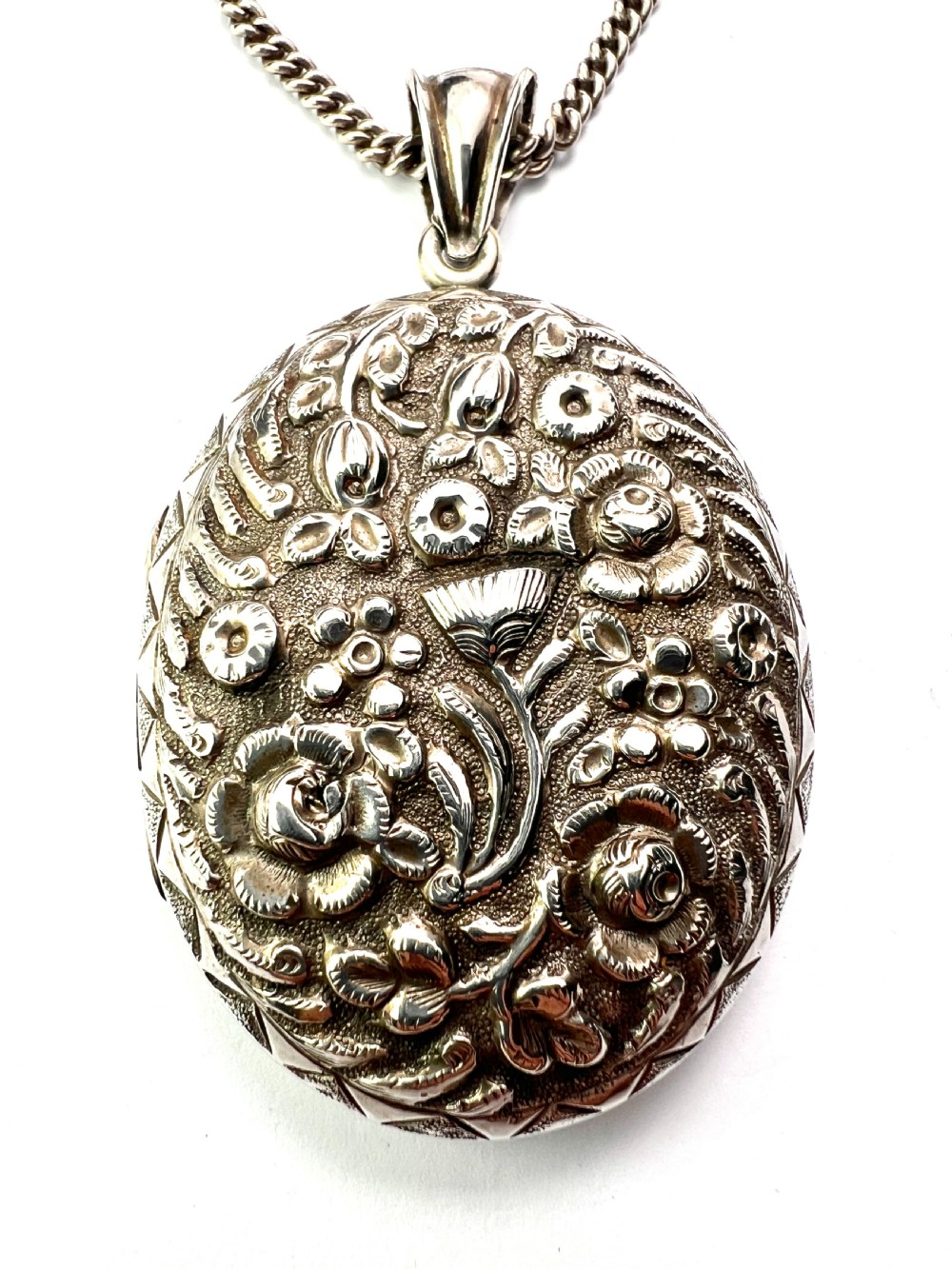 Large Victorian Silver Floral Locket Pendant and Chain Necklace View II