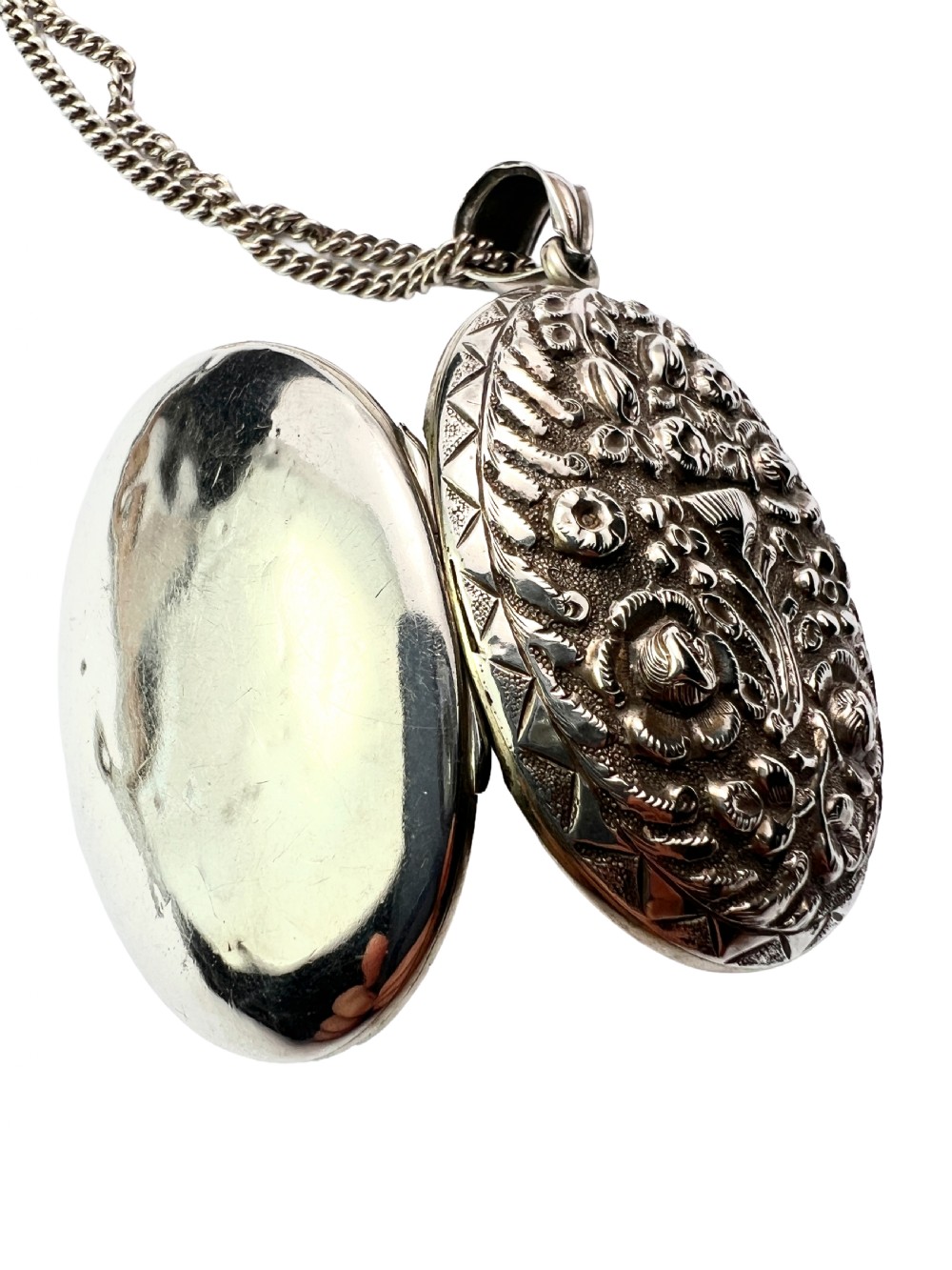 Large Victorian Silver Floral Locket Pendant and Chain Necklace View IV
