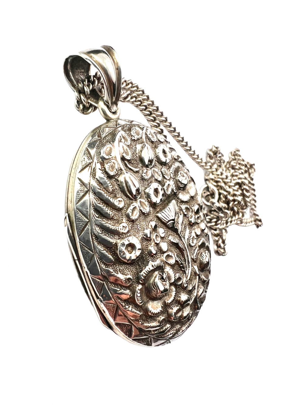 Large Victorian Silver Floral Locket Pendant and Chain Necklace View V