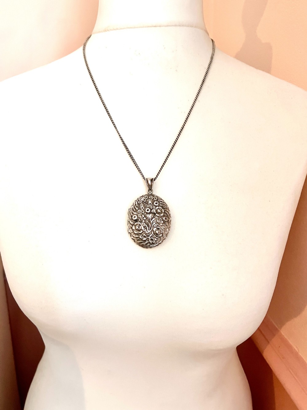 Large Victorian Silver Floral Locket Pendant and Chain Necklace View VI