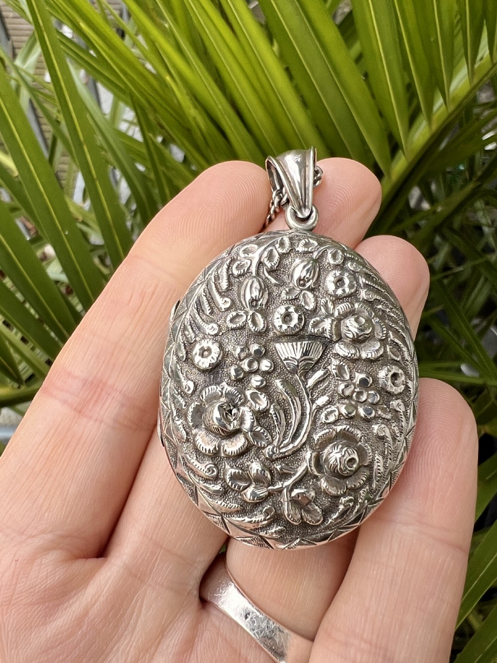 Large Victorian Silver Floral Locket Pendant and Chain Necklace View VII