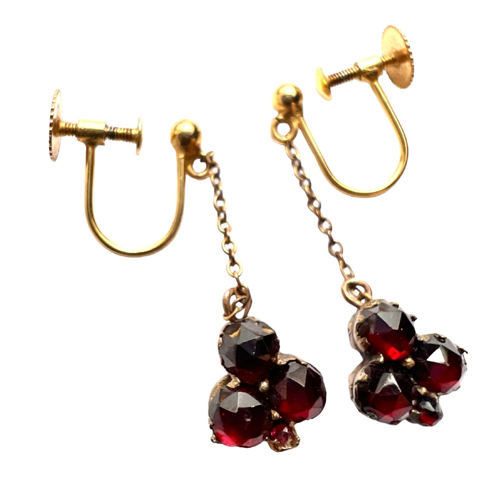 • Victorian 9CT Gold Rose-cut Garnet Trefoil Earrings