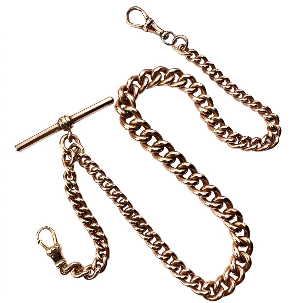 Victorian Rolled Gold Albert Necklace Chain with Dog Clips and T Bar