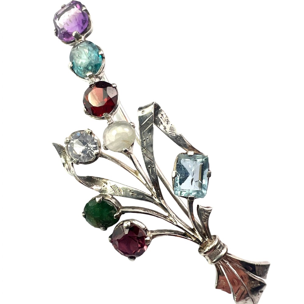 Antique Silver Gemstone Floral Bouquet Brooch