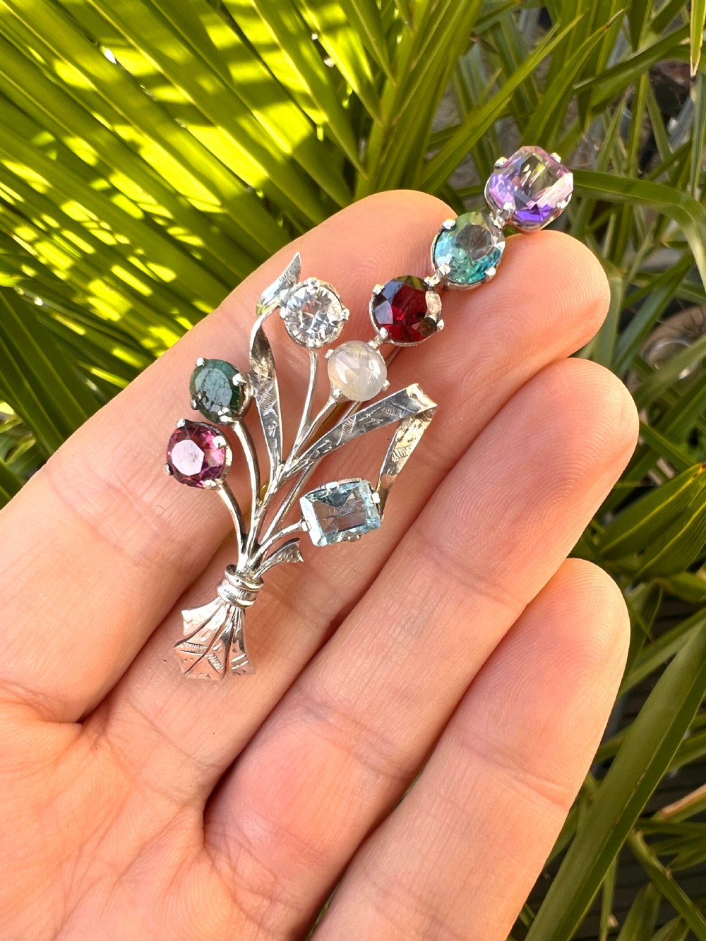 Antique Silver Gemstone Floral Bouquet Brooch View VII