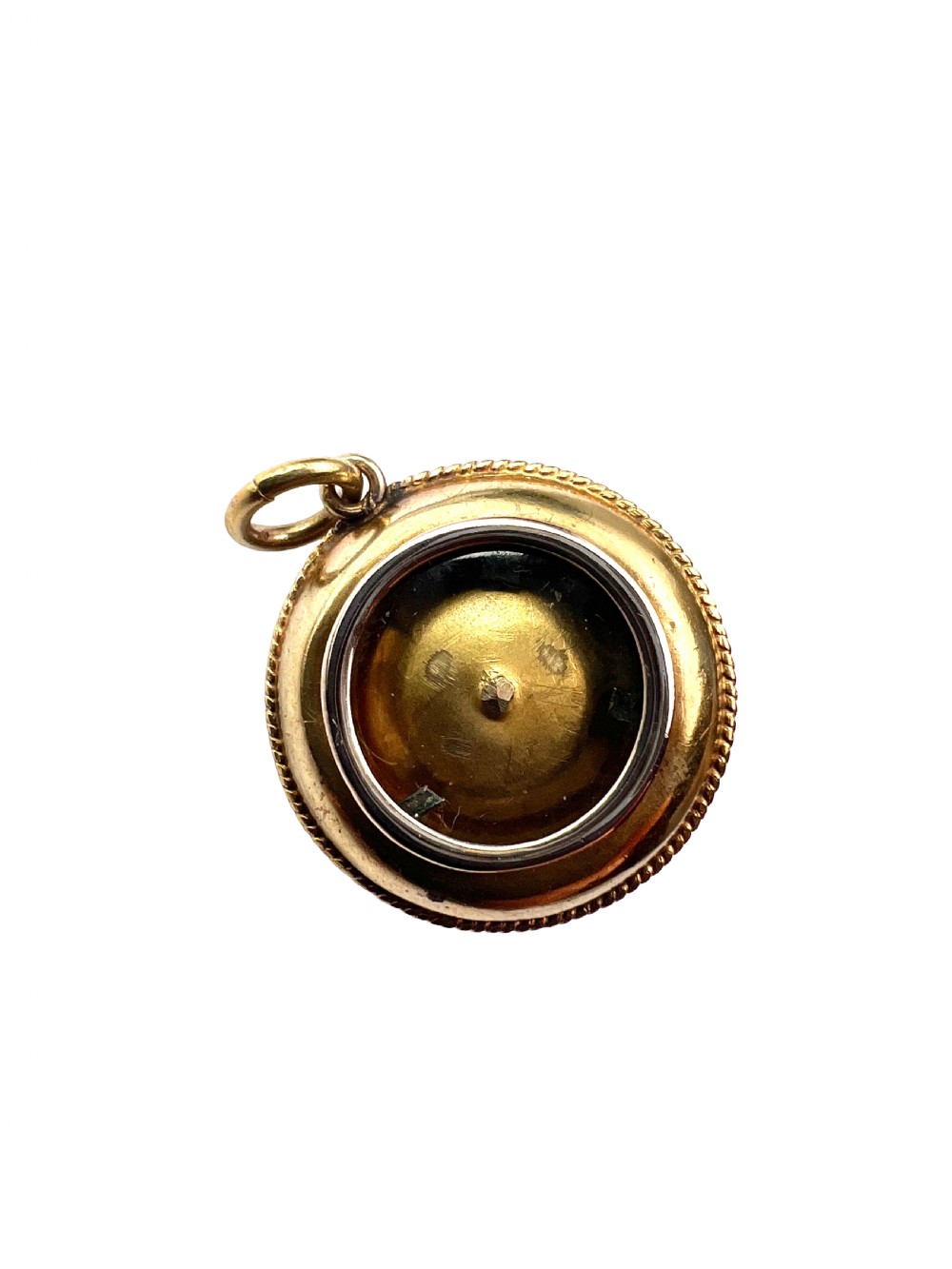 A circular Victorian yellow gold pendant featuring a large central pearl bordered by intricate filigree wirework and ropework detail. View IV
