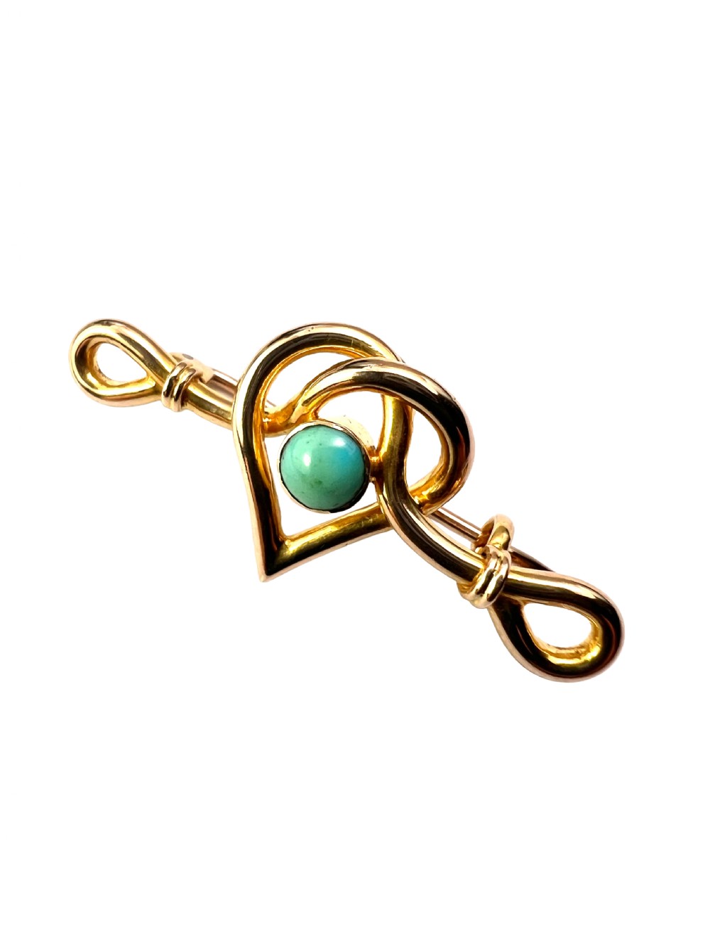 An antique 15ct yellow gold bar brooch featuring a central entwined heart motif set with a round turquoise cabochon stone. View III