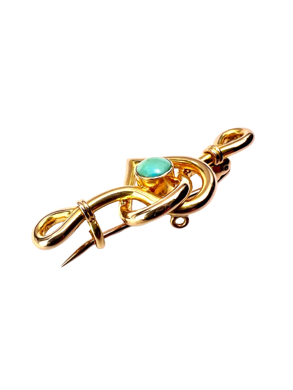 An antique 15ct yellow gold bar brooch featuring a central entwined heart motif set with a round turquoise cabochon stone. View IV