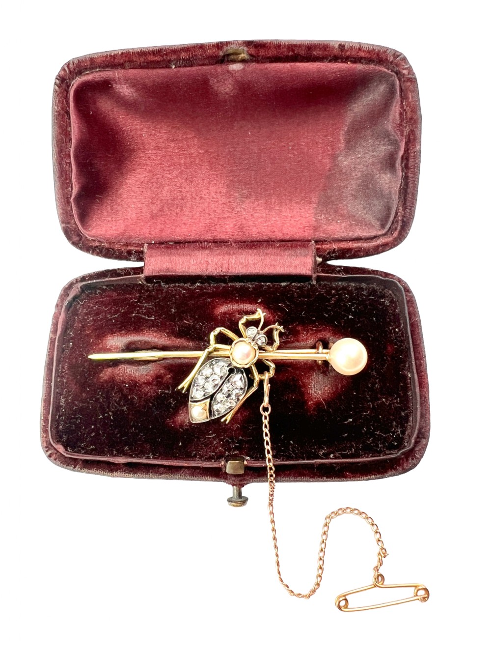 Victorian gold beetle brooch set with pave diamonds on the wing cases and pearls on the body and pin, fitted with a safety chain. View II
